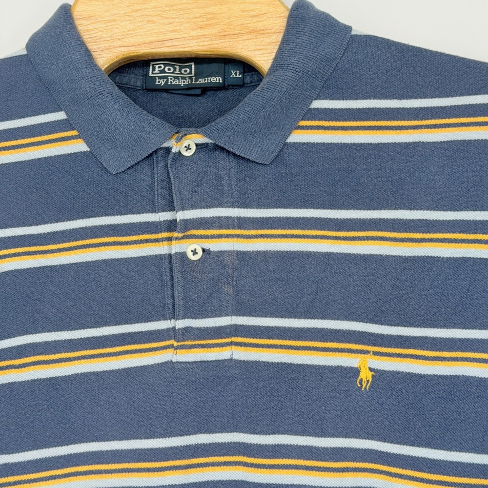 Polo Ralph Lauren Polo Shirt Mens XL Navy Blue Striped 90s Vintage Cotton Pony
